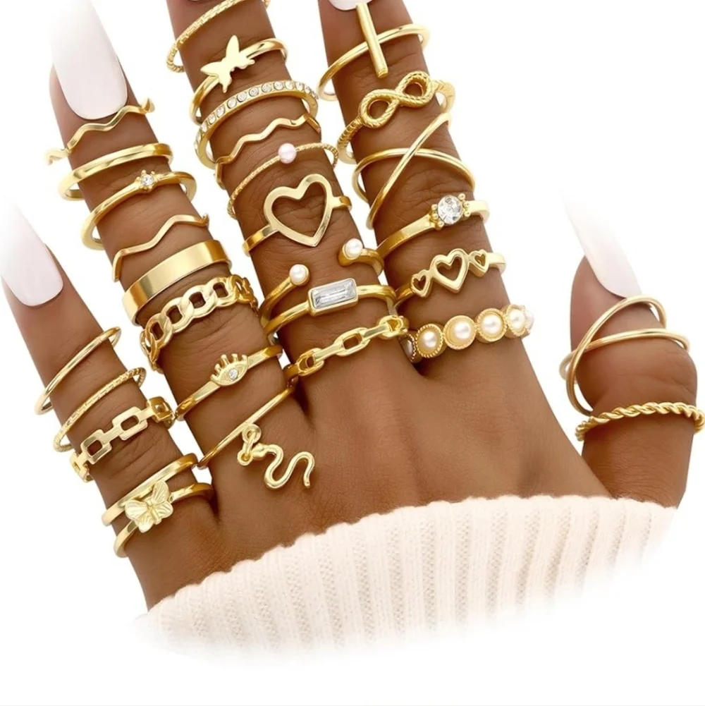 Gold Multi-Stack Midi & Knuckle Ring Set - Women's Jewelry 30 Pc